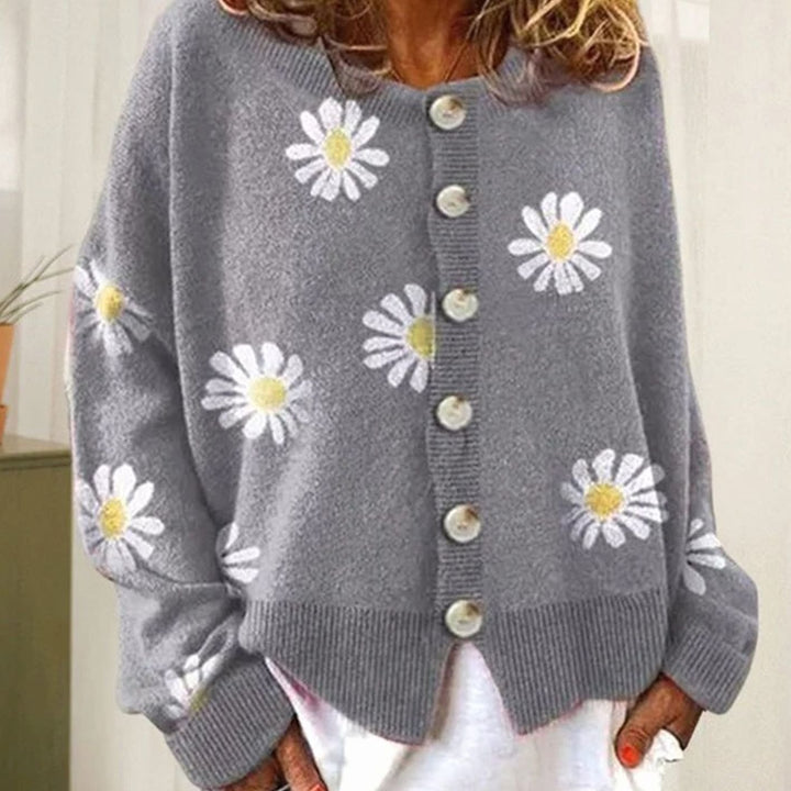 Women's Daisy Floral Button-Up Relaxed-Fit Knit Winter Cardigan