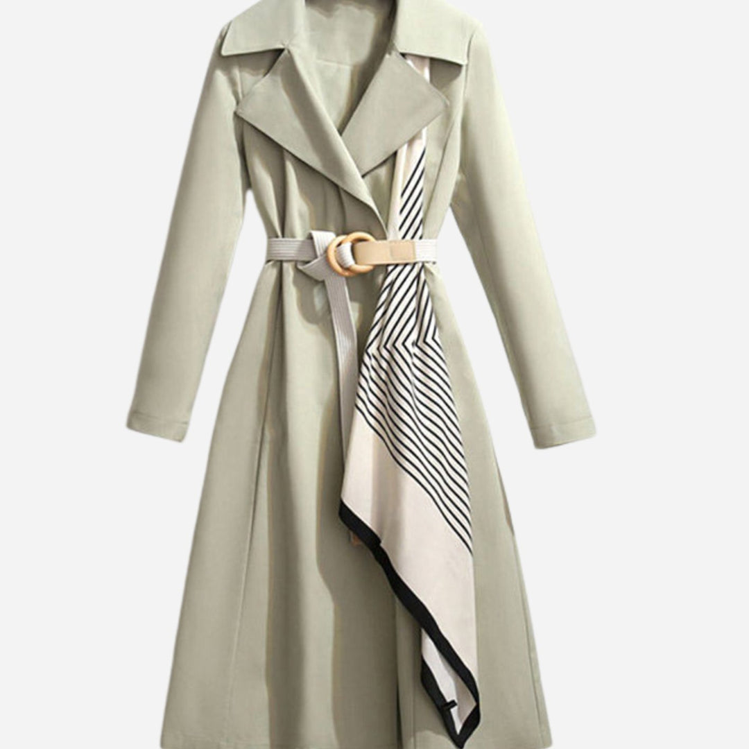 Women's Double-Breasted Belted Coat Scarf-Detail Trench - Green