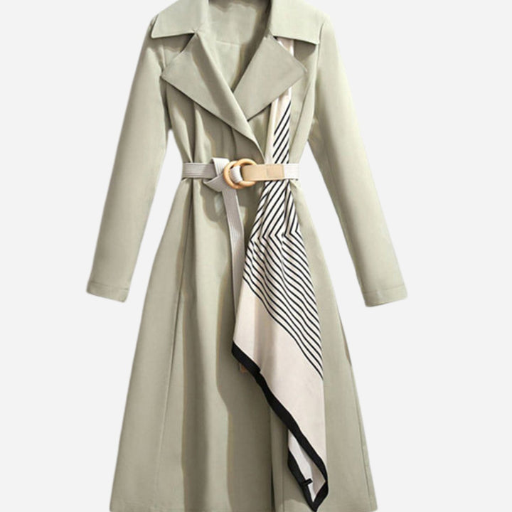 Women's Double-Breasted Belted Coat Scarf-Detail Trench - Green