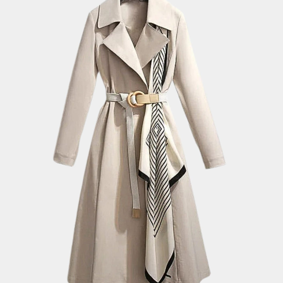 Women's Double-Breasted Belted Coat Scarf-Detail Trench - Beige