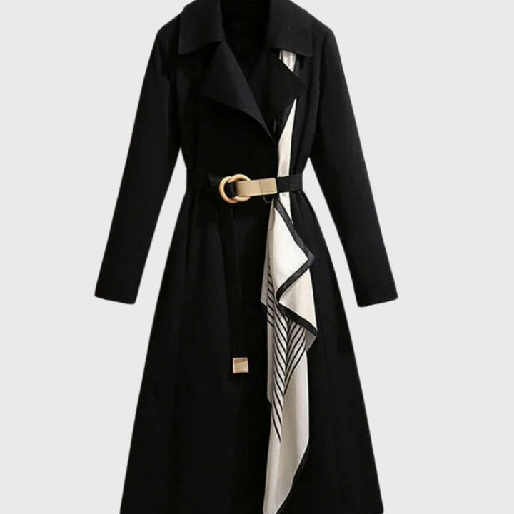 Women's Double-Breasted Belted Coat Scarf-Detail Trench - Black
