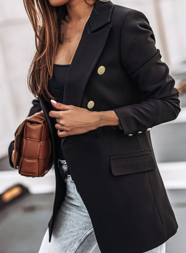 Women's Double-Breasted Gold-Button Blazer Slim Structured Jacket - Black