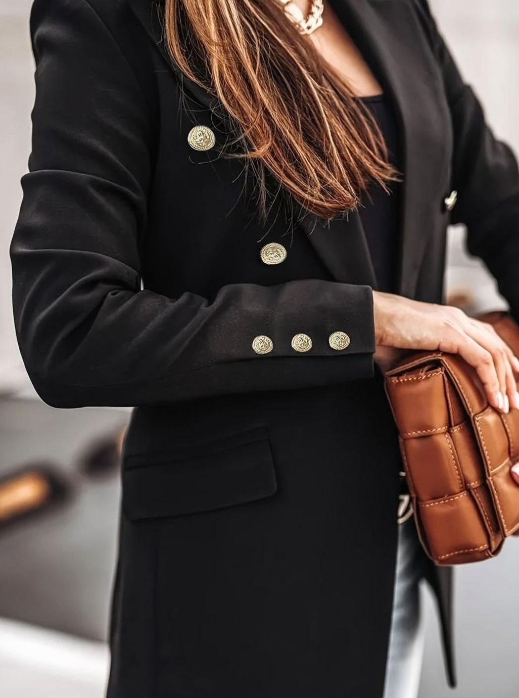 Women's Double-Breasted Gold-Button Blazer Slim Structured Jacket