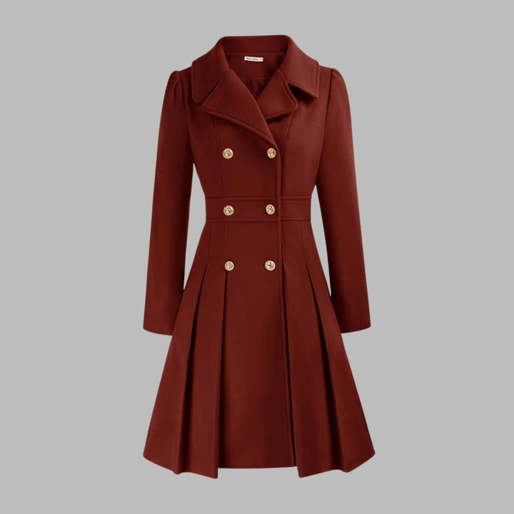 Women's Double-Breasted Pleated Flare Long-Sleeve Coat - Deep Red