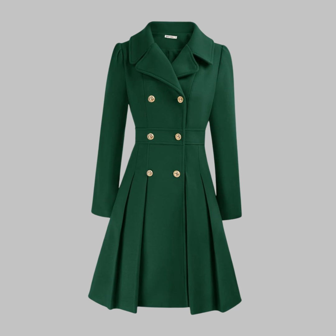 Women's Double-Breasted Pleated Flare Long-Sleeve Coat - Teal