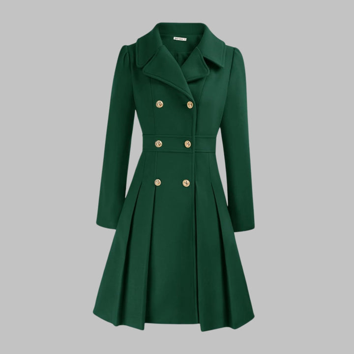 Women's Double-Breasted Pleated Flare Long-Sleeve Coat - Teal