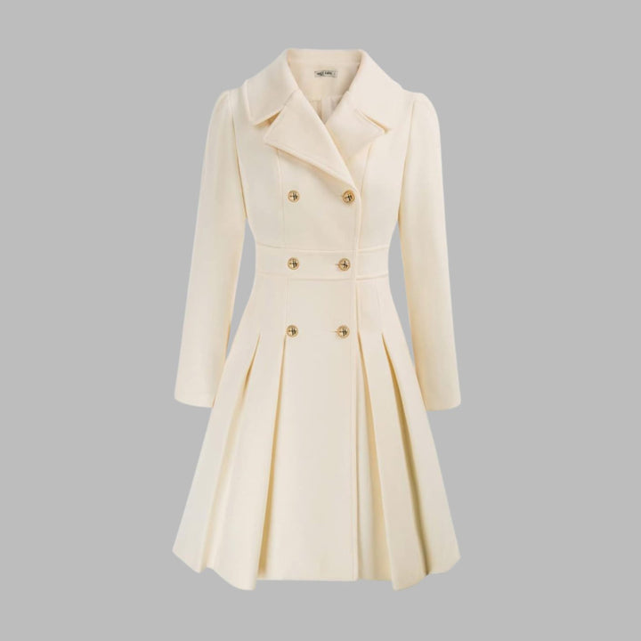 Women's Double-Breasted Pleated Flare Long-Sleeve Coat - White