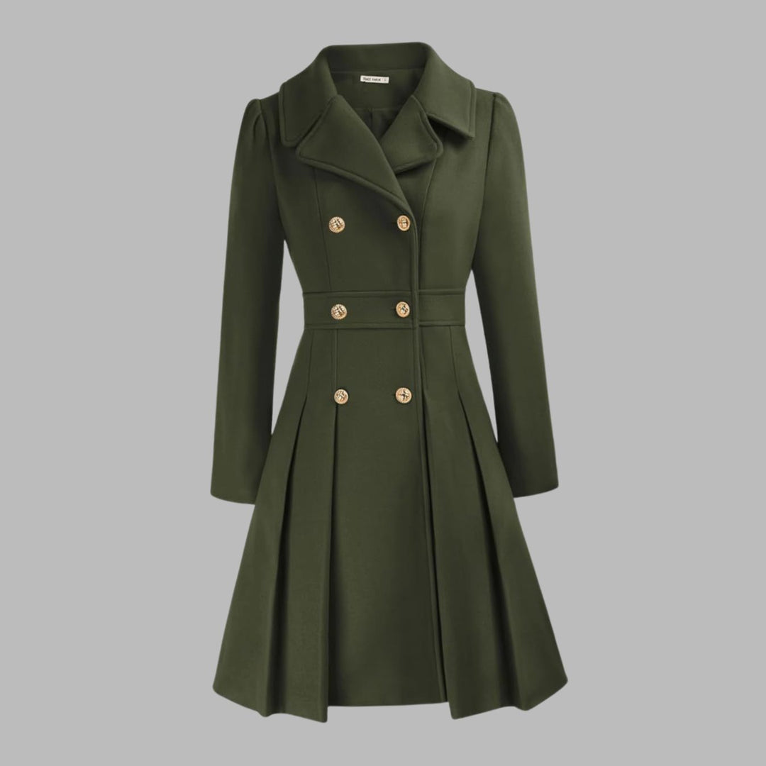 Women's Double-Breasted Pleated Flare Long-Sleeve Coat - Army Green