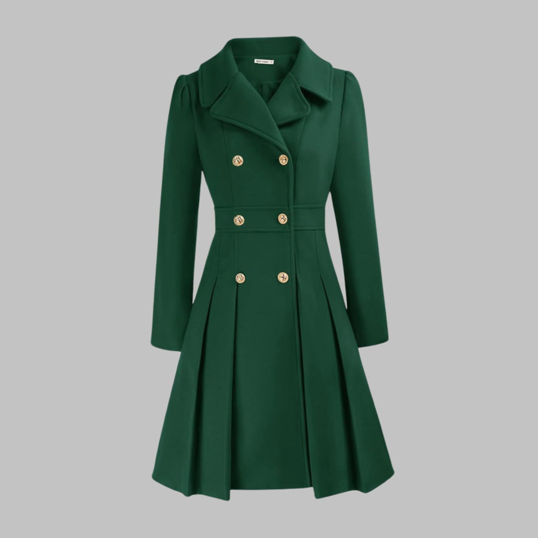Women's Double-Breasted Pleated Flare Long-Sleeve Coat - Dark Green