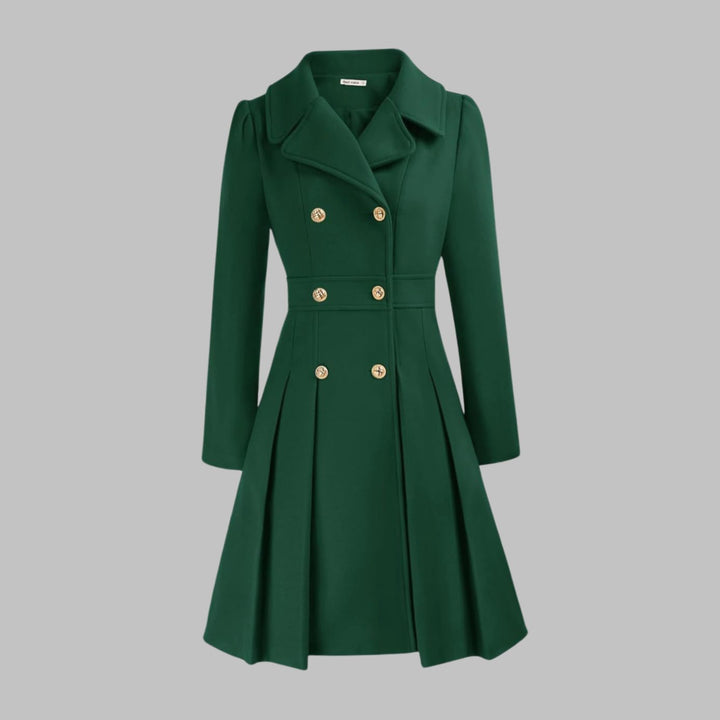 Women's Double-Breasted Pleated Flare Long-Sleeve Coat - Dark Green