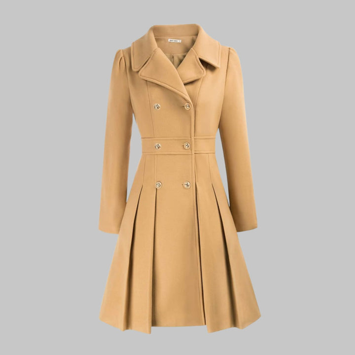 Women's Double-Breasted Pleated Flare Long-Sleeve Coat - Khaki