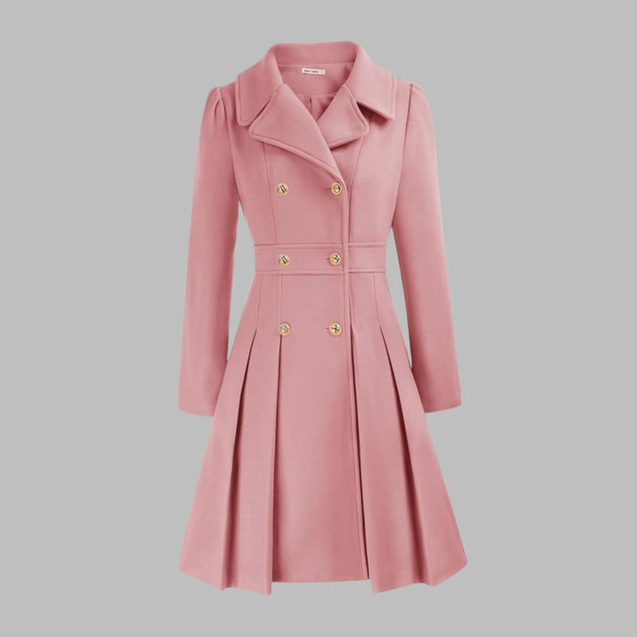 Women's Double-Breasted Pleated Flare Long-Sleeve Coat - Pink