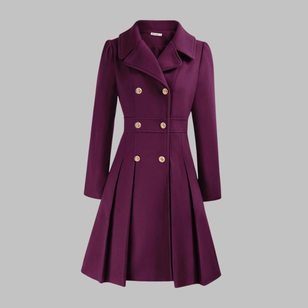 Women's Double-Breasted Pleated Flare Long-Sleeve Coat - Purple
