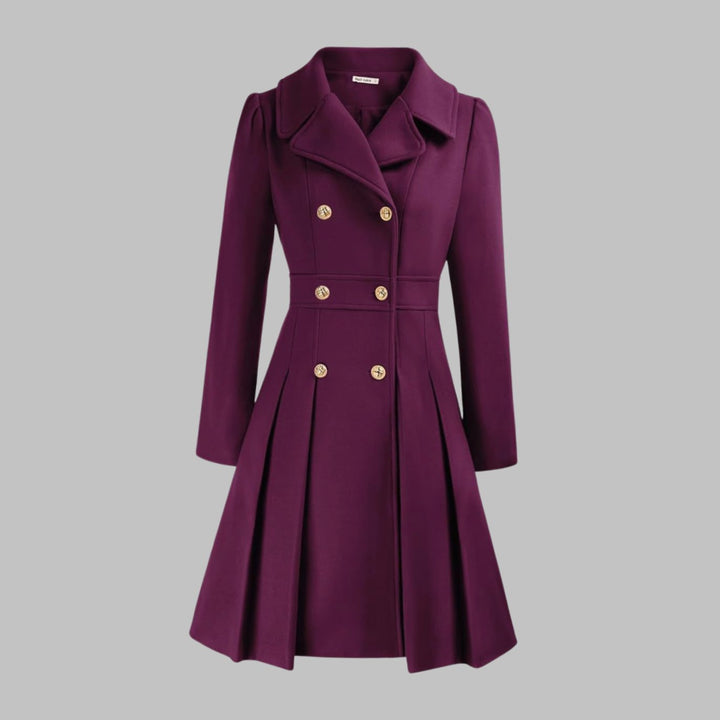 Women's Double-Breasted Pleated Flare Long-Sleeve Coat - Purple