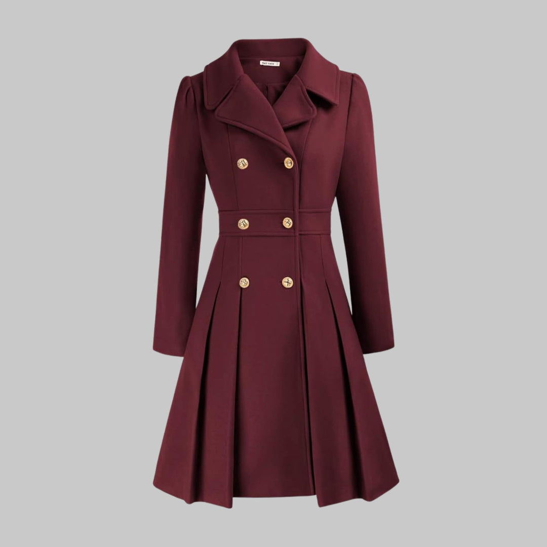 Women's Double-Breasted Pleated Flare Long-Sleeve Coat - Burgundy