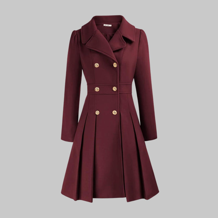 Women's Double-Breasted Pleated Flare Long-Sleeve Coat - Burgundy