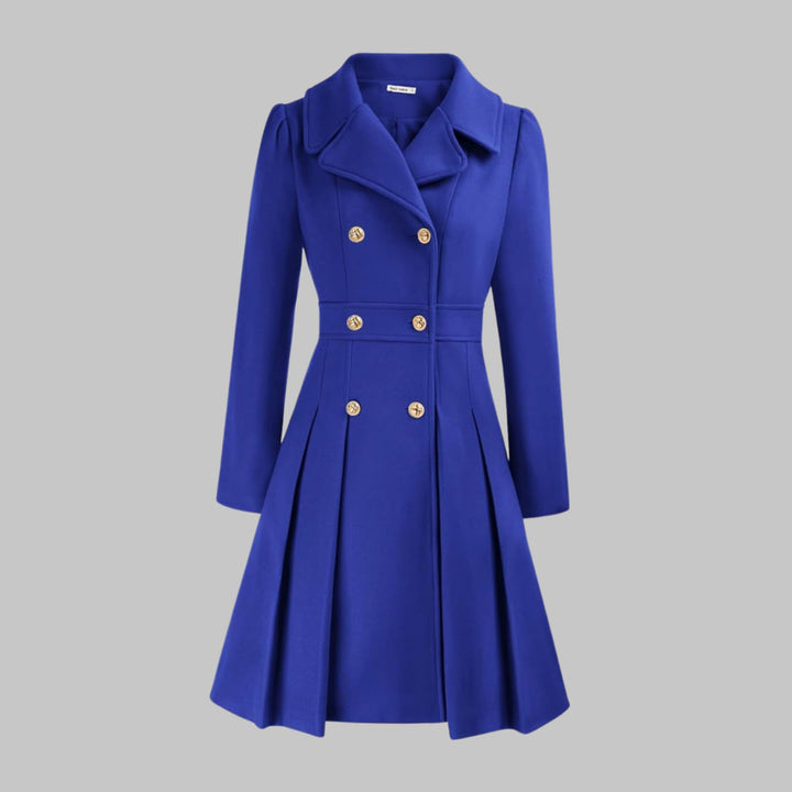 Women's Double-Breasted Pleated Flare Long-Sleeve Coat - Royal Blue