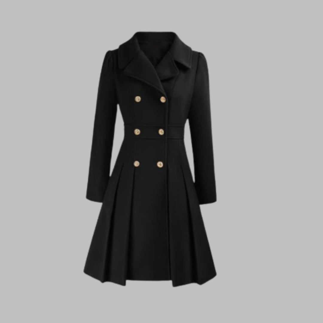 Women's Double-Breasted Pleated Flare Long-Sleeve Coat - Black