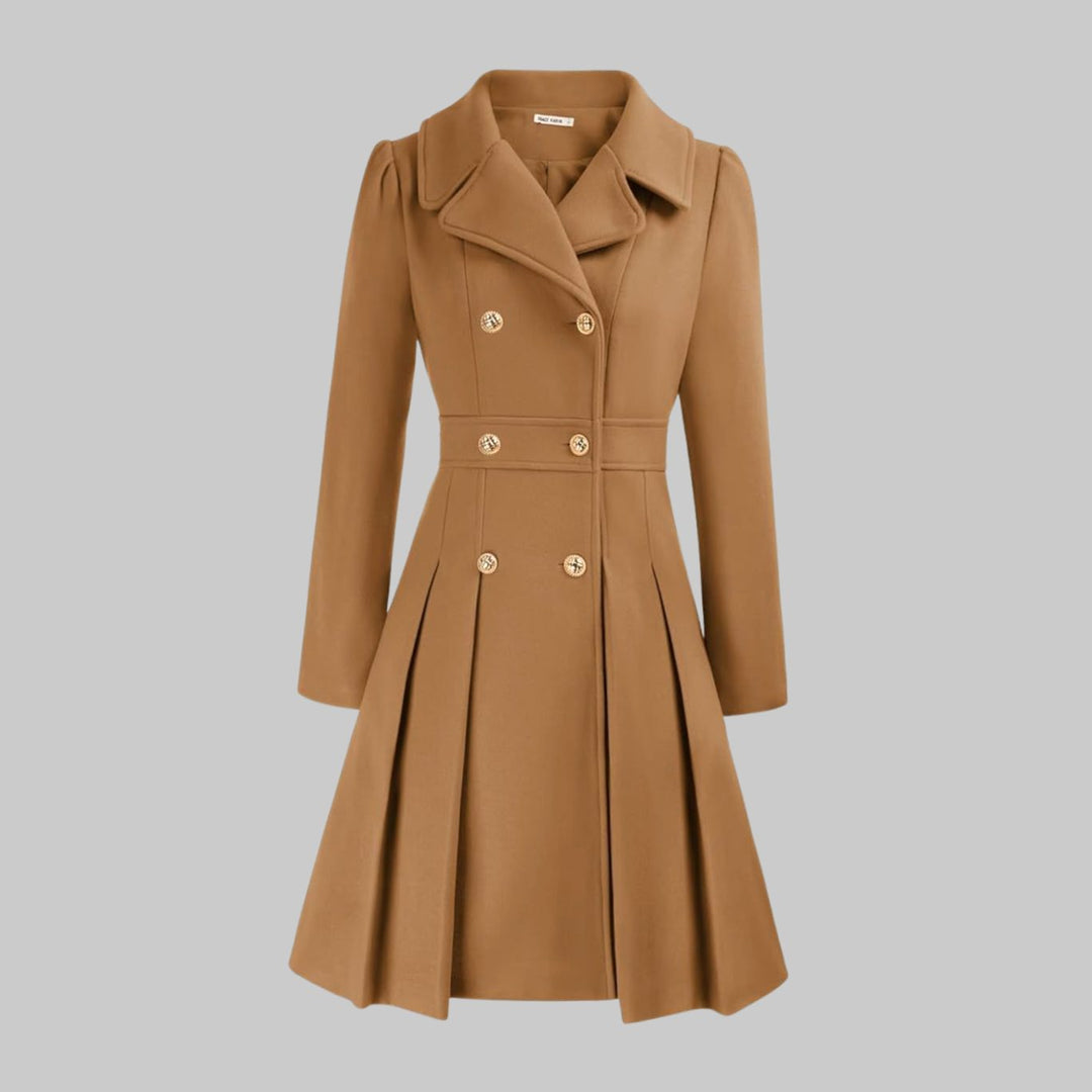 Women's Double-Breasted Pleated Flare Long-Sleeve Coat - Camel