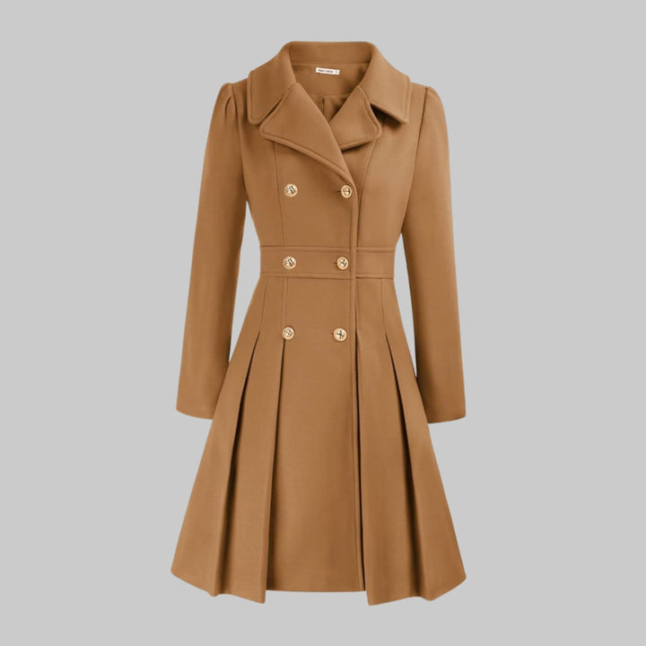 Women's Double-Breasted Pleated Flare Long-Sleeve Coat - Camel