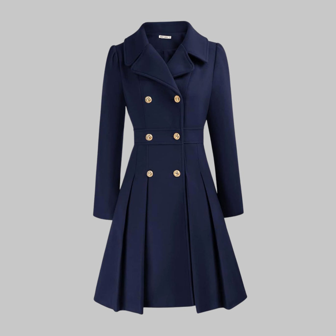 Women's Double-Breasted Pleated Flare Long-Sleeve Coat - Dark Blue