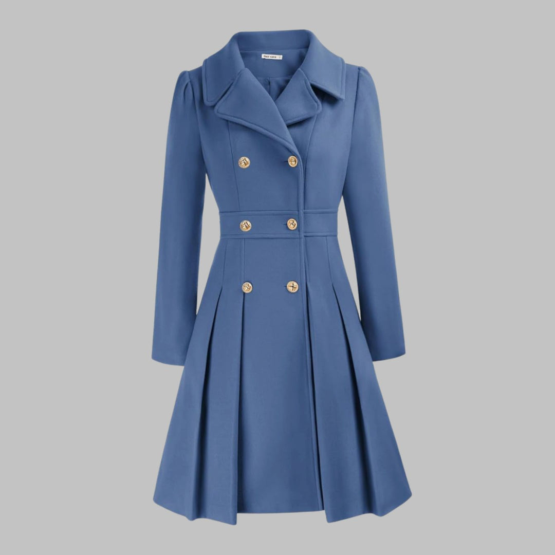 Women's Double-Breasted Pleated Flare Long-Sleeve Coat - Gray Blue