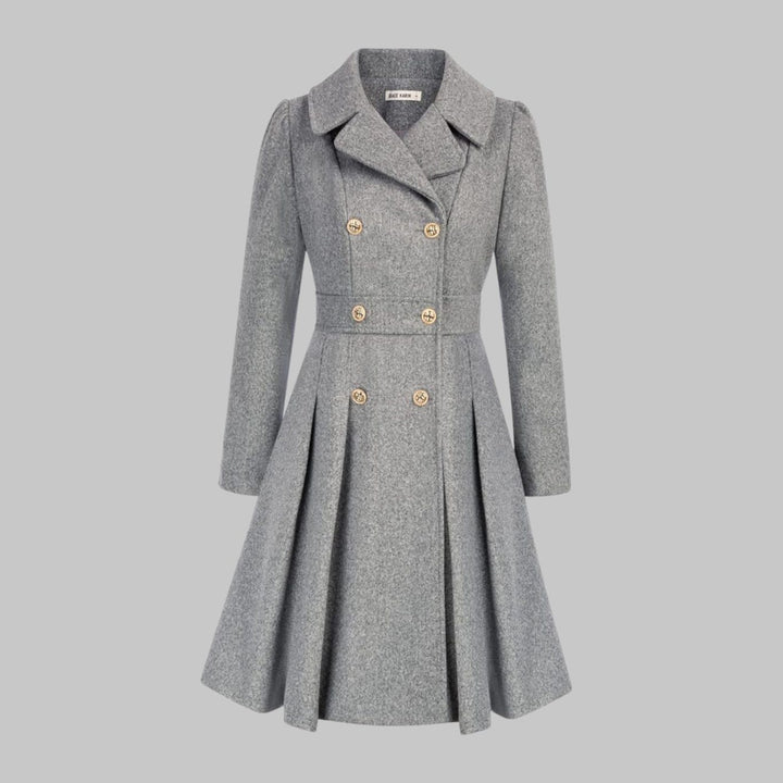 Women's Double-Breasted Pleated Flare Long-Sleeve Coat - Light Gray