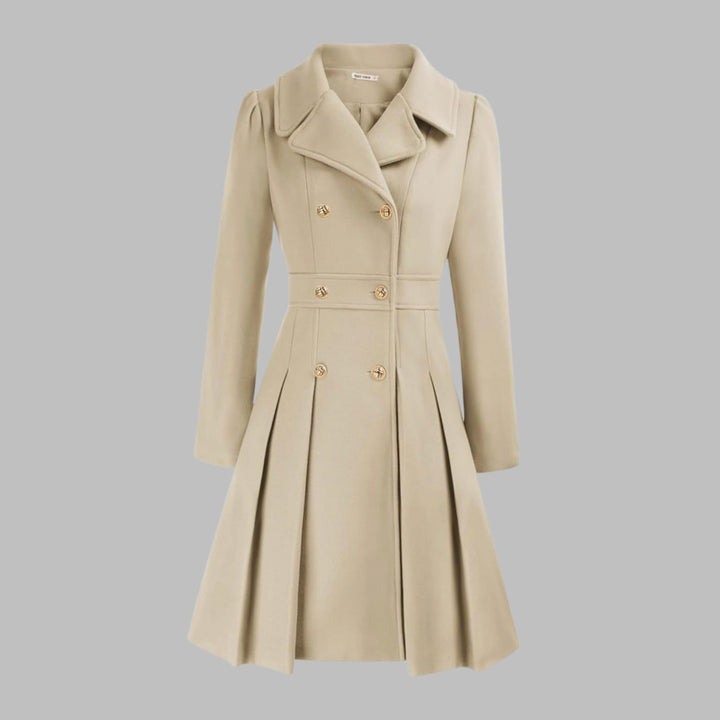 Women's Double-Breasted Pleated Flare Long-Sleeve Coat - Beige