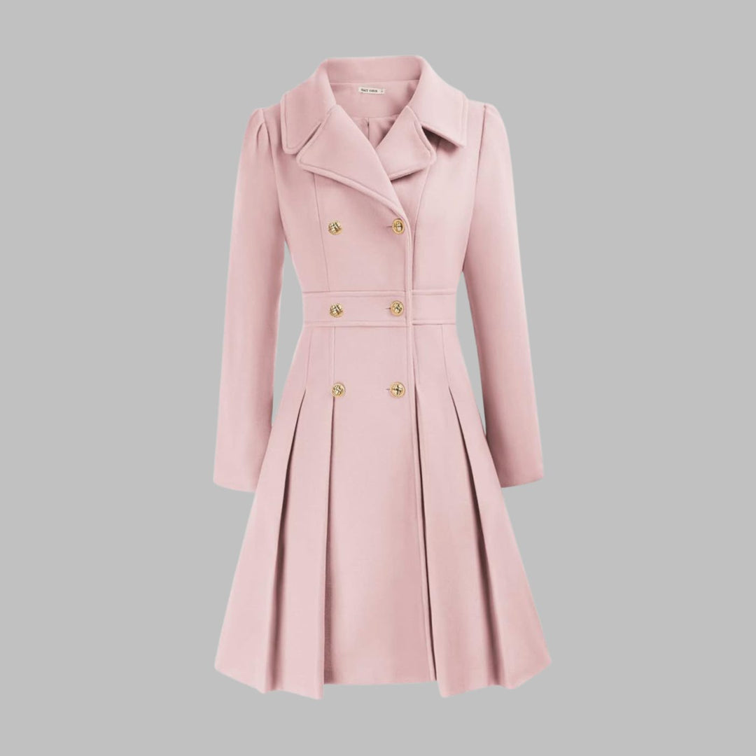 Women's Double-Breasted Pleated Flare Long-Sleeve Coat - Light Pink