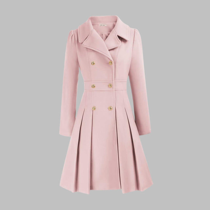 Women's Double-Breasted Pleated Flare Long-Sleeve Coat - Light Pink