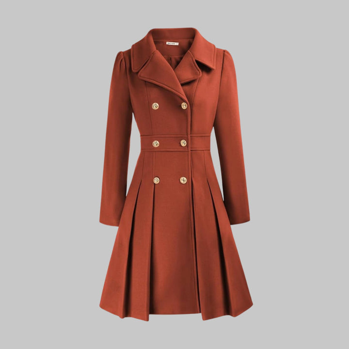 Women's Double-Breasted Pleated Flare Long-Sleeve Coat - Orange