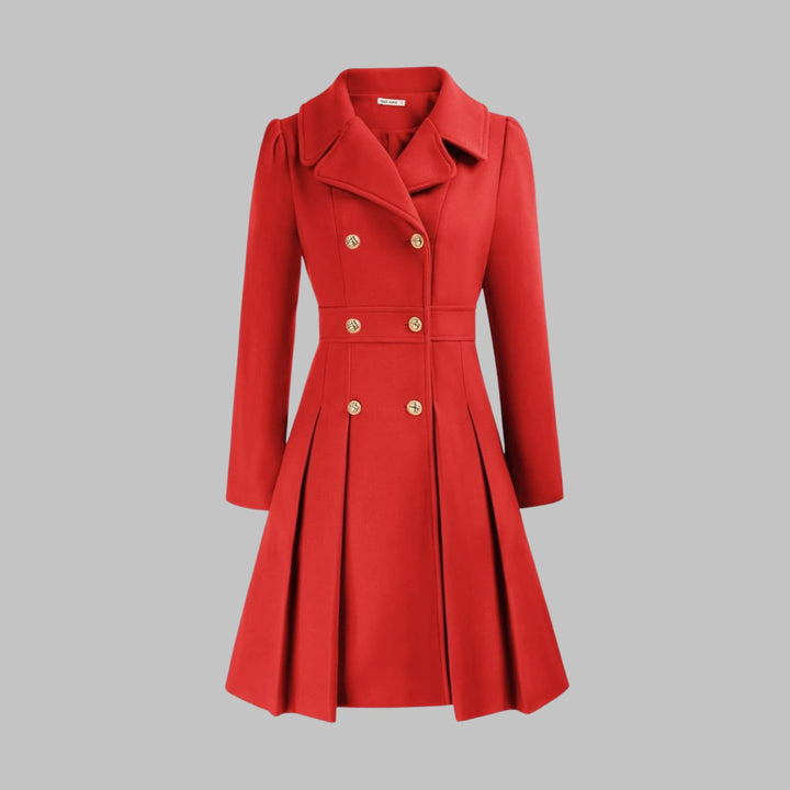 Women's Double-Breasted Pleated Flare Long-Sleeve Coat - Red