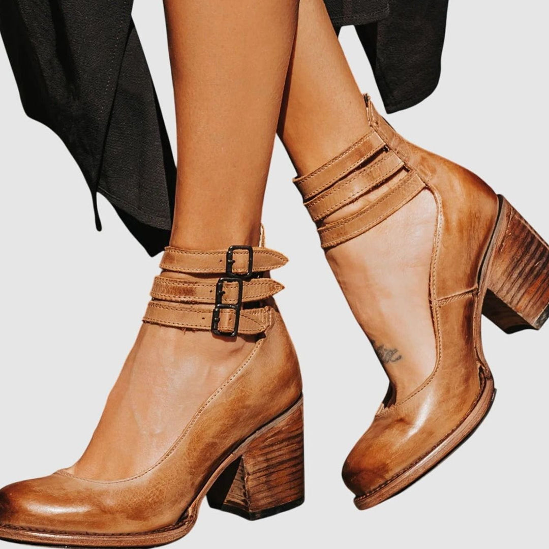 Women's Double-Buckle Ankle-Strap Block-Heel Leather Pumps - Light Brown