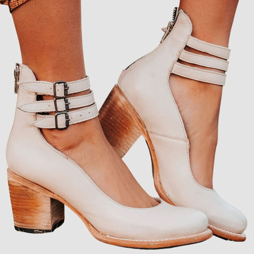 Women's Double-Buckle Ankle-Strap Block-Heel Leather Pumps - White