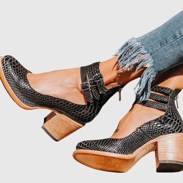 Women's Double-Buckle Ankle-Strap Block-Heel Leather Pumps
