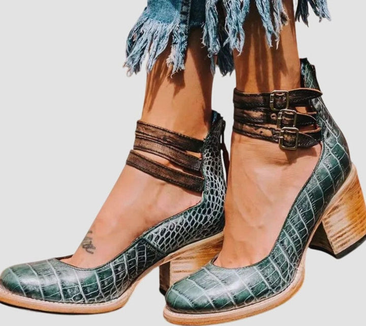 Women's Double-Buckle Ankle-Strap Block-Heel Leather Pumps - Green Snake Print