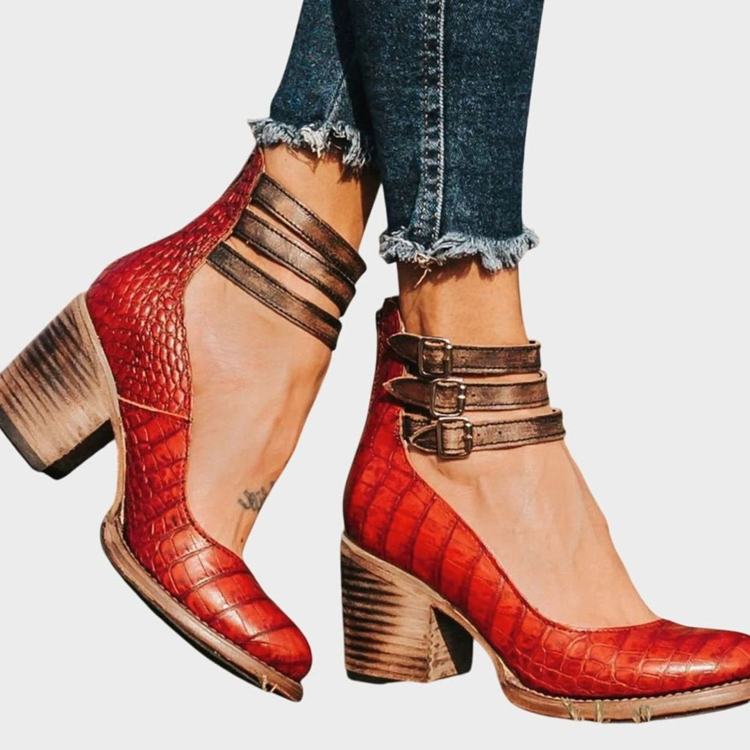 Women's Double-Buckle Ankle-Strap Block-Heel Leather Pumps - Red Snake Print