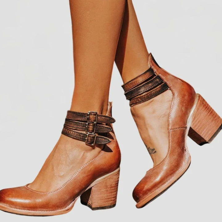 Women's Double-Buckle Ankle-Strap Block-Heel Leather Pumps - Dark Brown