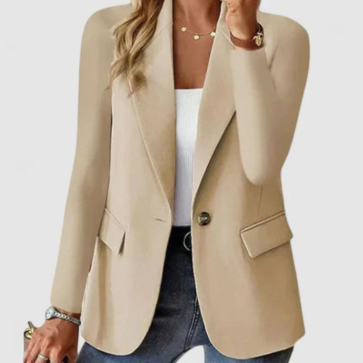 Women's Elegant Blazer Open-Front Single-Button Long Sleeve Jacket - Beige