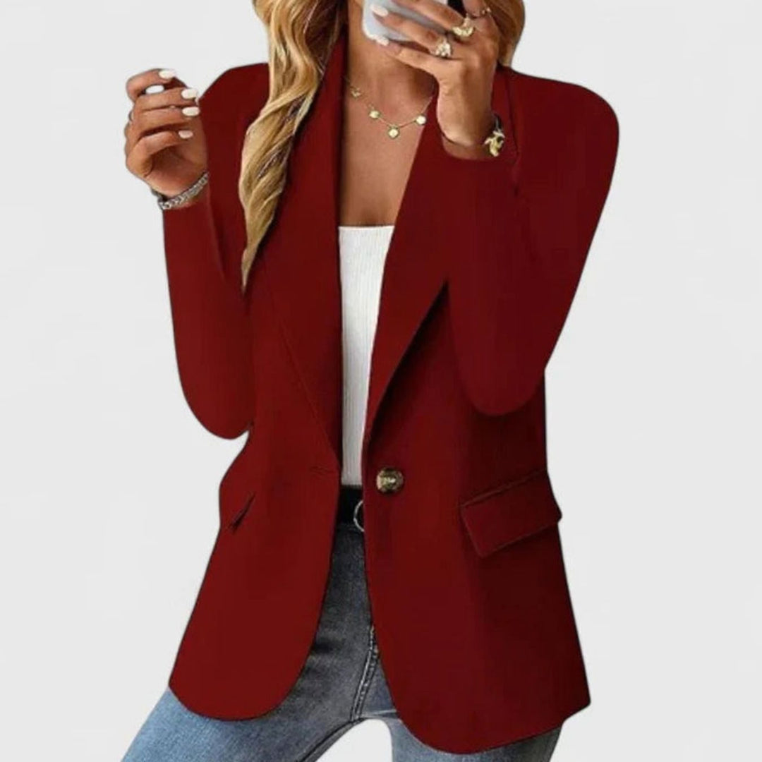 Women's Elegant Blazer Open-Front Single-Button Long Sleeve Jacket - Wine Red