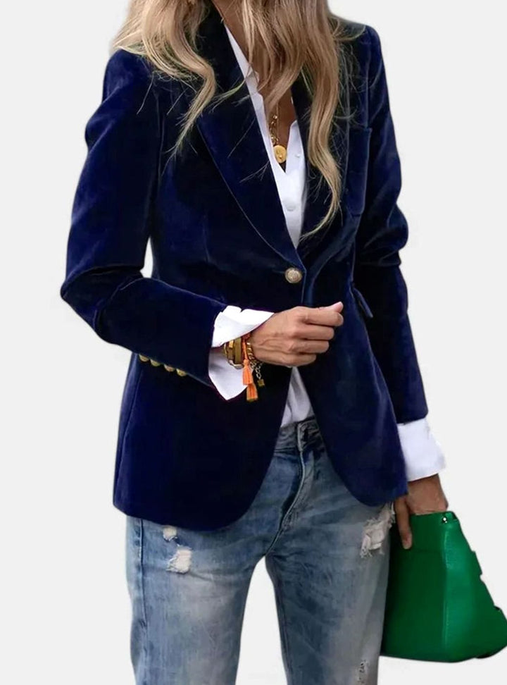 Women's Elegant Blazer Tailored Velvet Single-Button Jacket - Blue