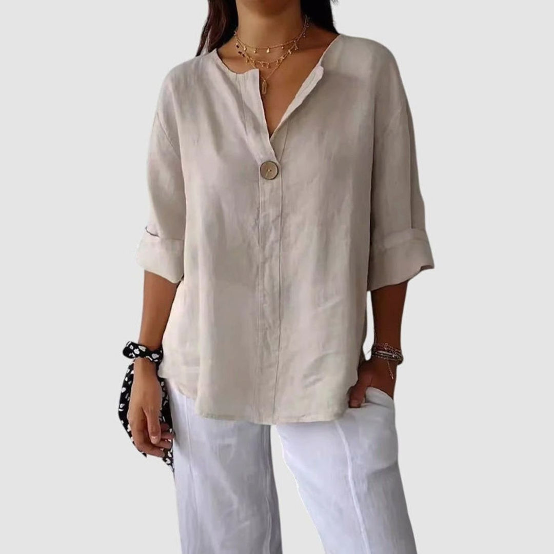 Women's Elegant Blouse Relaxed V-Neck Single-Button Dressy Top - Beige