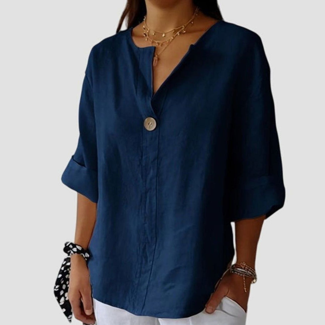 Women's Elegant Blouse Relaxed V-Neck Single-Button Dressy Top - Blue
