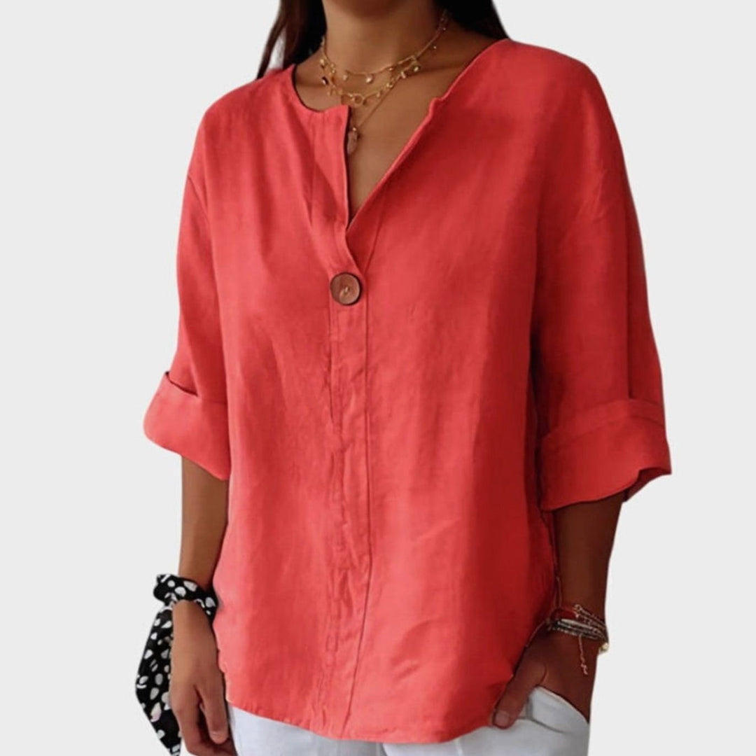 Women's Elegant Blouse Relaxed V-Neck Single-Button Dressy Top - Red