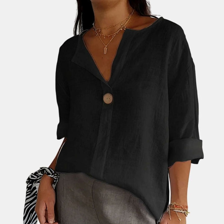 Women's Elegant Blouse Relaxed V-Neck Single-Button Dressy Top - Black