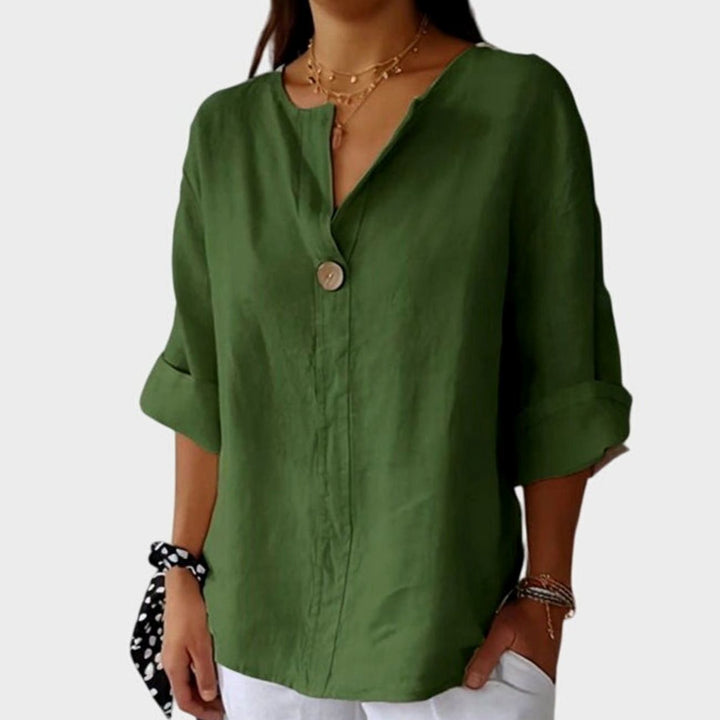 Women's Elegant Blouse Relaxed V-Neck Single-Button Dressy Top - Green