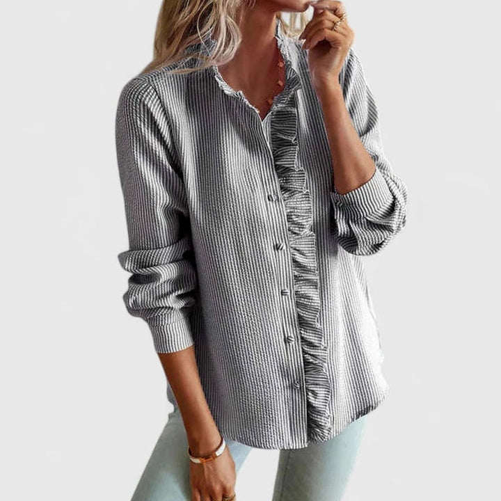 Women's Elegant Blouse Ruffled Button-Front Long-Sleeve Top - Gray