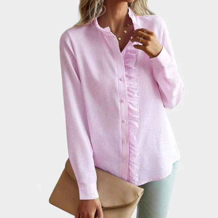 Women's Elegant Blouse Ruffled Button-Front Long-Sleeve Top - Light Pink