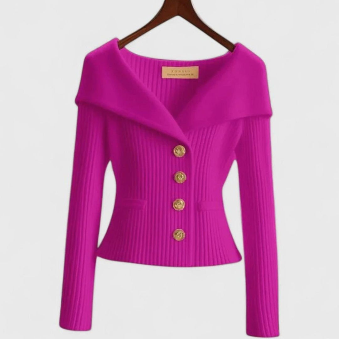 Women's Elegant Cardigan Off-Shoulder Ribbed Knit Gold-Button Top - Pink