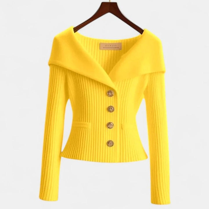 Women's Elegant Cardigan Off-Shoulder Ribbed Knit Gold-Button Top - Yellow
